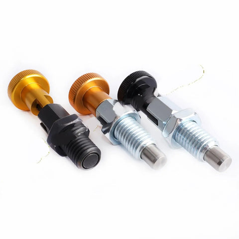 Heavy Duty Stainless Steel Indexing Pins And Self Locking Plungers With Coarse Thread Nuts In M6 M8 M10 M12 Sizes Plus Black Knobs, three variants shown.