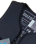 Close-up of Lightweight Neoprene Wake Surf Vest for Men showing front zipper and label detail, flexible impact protection design.