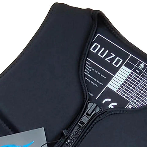 Close-up of Lightweight Neoprene Wake Surf Vest for Men showing front zipper and label detail, flexible impact protection design.