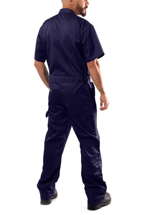 Men Short Sleeve Coveralls Navy Blue Jumpsuit With Two Way Antistatic Zipper And Locking Snap Closures rear view showing durable fabric and utility pockets.