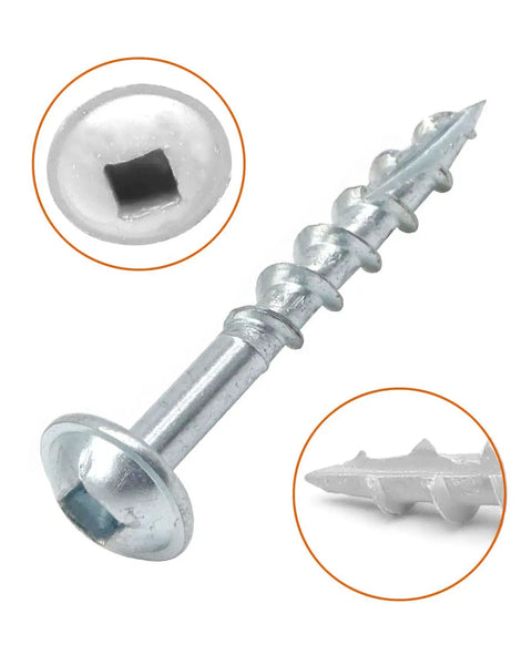 Close-up of Pocket Hole Wood Screws 50 Count Number 8 By One And A Quarter Inch Square Drive Washer Head Coarse Thread Zinc Coated