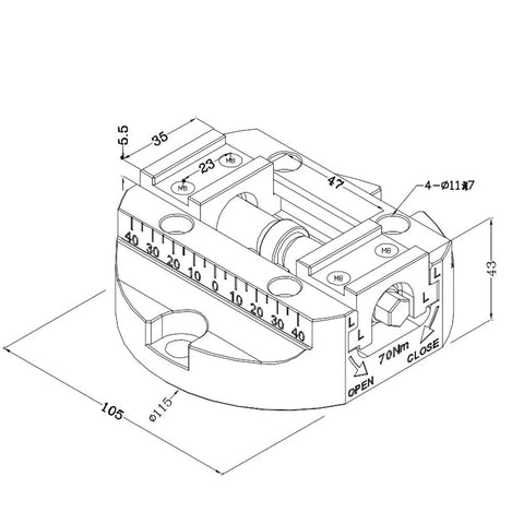 4.53 Inch CNC Self Centering Vise For Pro Grade Precision Machining, Beefy 1440 Kg Clamping Power, 70 Nm Torque, High Accuracy Milling And Woodworking Jig For Perfect Alignment Every Time, technical drawing