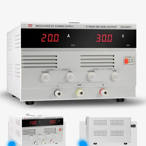 Compact Regulated DC Power Supply For Continuous Full-Load Output, front view with dual digital display and knobs