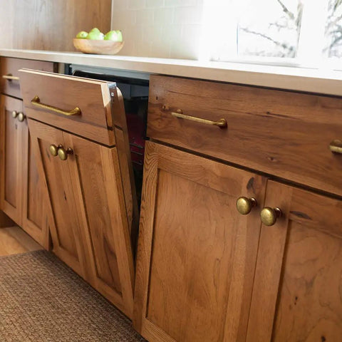 Wood cabinets with Antique Brass 6 Pack 5 Inch Center To Center Cabinet Handles Retro Drawer Pulls in kitchen