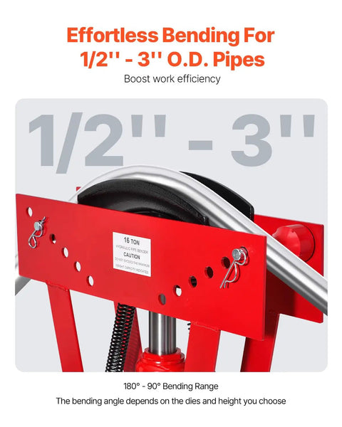 Heavy Duty Manual 16 Ton Hydraulic Pipe Bender For Copper Exhaust Tubes showing 1/2'' to 3'' O.D. pipes with 180° to 90° bending range.