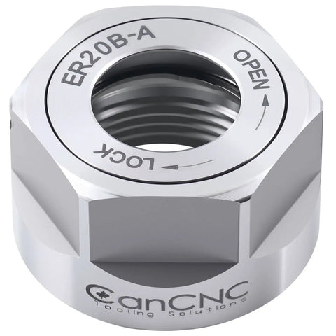 ER20B-A Hex Collet Chuck Nut Rock-Solid Balance To G2.5 At 18000 RPM For CNC Machining close-up showing lock and open directions
