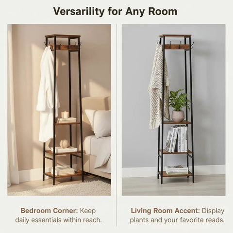 Freestanding Coat Rack With Seven Hooks And Three Shelves For Entryway Or Hallway, Industrial Rustic Brown And Black Finish in room