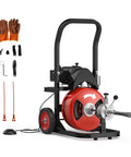Heavy Duty 75FT Electric Drain Snake With Auto Feed Foot Switch clears four to eight inch pipes, featuring accessories and gloves.