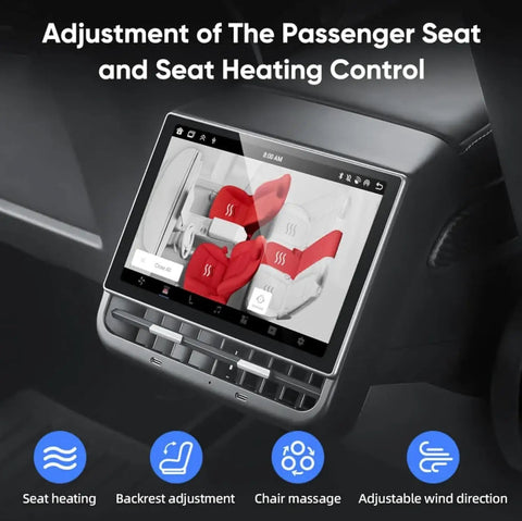 Slick Aftermarket Rear Seat Entertainment Screen For Tesla Model 3 And Model Y With 8.66 Inch Hd Touchpad Built In Wifi Hotspot Ready No Hassle Plug And Play Setup displaying seat adjustment controls.