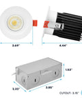 3 Inch LED Regressed Canless Spotlight With Swappable Trim Versatile 5Cct Tunable Light showing dimensions and design features.