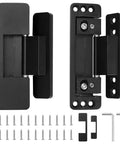 Four Pack Stealth Matte Black Hidden Door Hinges Straight Up Smooth And Built Legit With Rust Proof Zinc Alloy Plus Adjustable Silent Close specs, showing hinge parts and screws.