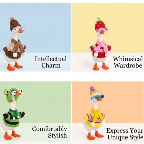 Six Piece 7 Inch Desk Goose Outfit Kit With Knit Sweater And Hat Costume For Mini Goose Statues in four styled outfits