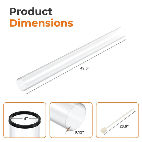 Replacement Glass Tube For Four Sided Pyramid Patio Heater, 49.5 Inches Tall, Four Inch Diameter, Borosilicate Glass Dimensions