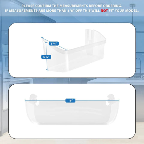 Detailed dimensions of clear door bin measuring 5 3/4 inches tall and 16 inches wide for Pro Grade Pair Of Clear Door Bin Side Shelves For Frigidaire And Electrolux Refrigerators 2 Pack Replacement Racks That Snap In Easily And Help Keep Fresh Food Visible, Organized And Within Reach