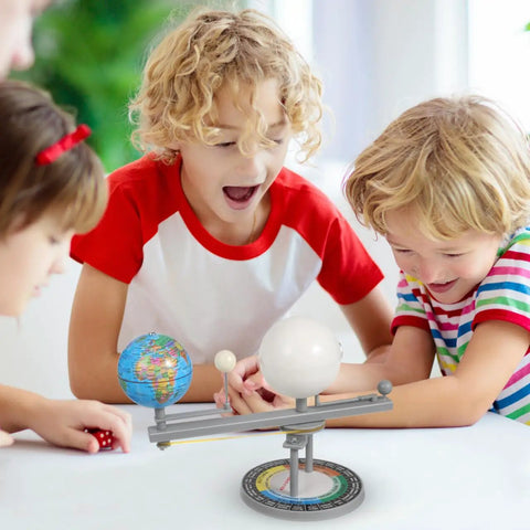 Kids engaging with the Straight Up Premium Sun Earth And Moon Orbital Model Solar System Educational Display For Astronomy Science Teaching And Classroom Learning Tools That Break Down Space Mechanics.