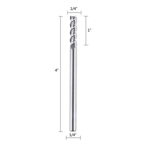 Pro Grade One Quarter Inch End Mill For Aluminum With Three Flutes CNC Spiral Router Bit Upcut Extra Long Four Inches Non Ferrous Metal Cutting Tool For Smooth Surface Finish And Efficient Chip Removal shown with dimensions