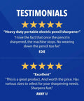 Image showing testimonials and five-star reviews for a heavy-duty portable electric pencil sharpener.