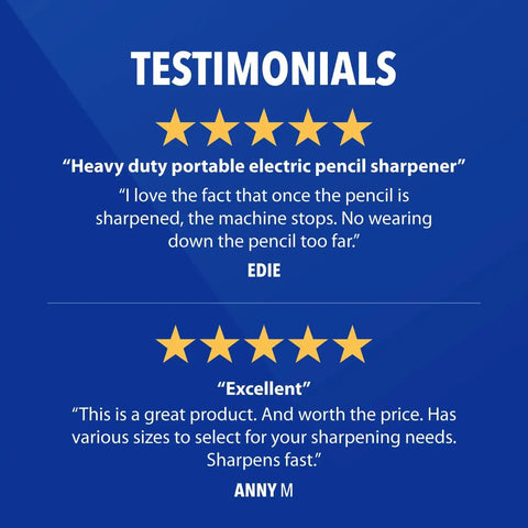 Image showing testimonials and five-star reviews for a heavy-duty portable electric pencil sharpener.