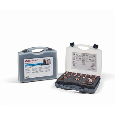 Powermax45 Essential Handheld Plasma Cutter Consumable Kit for 45 Amp CSA Cutting with case showing electrodes, nozzles.
