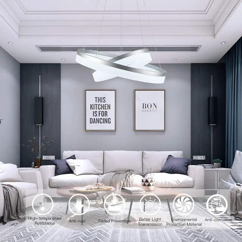 Modern living room with Two Ring LED Pendant Light With Adjustable Wires Dimmable Chandelier For Your Living Room Bedroom Kitchen Island