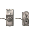 Keyless Entry Door Lock With Lever Handle In Satin Nickel Finish Electronic Keypad With Auto Lock And Flex Lock Option No Key Fumbling And Supports Up To 19 Access Codes Plus 2 Pre Set Codes For Quick Entry front and back view