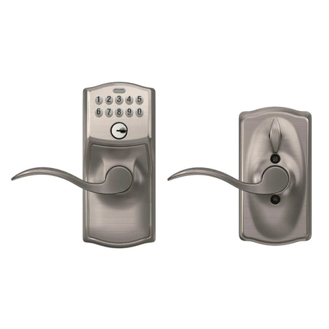 Keyless Entry Door Lock With Lever Handle In Satin Nickel Finish Electronic Keypad With Auto Lock And Flex Lock Option No Key Fumbling And Supports Up To 19 Access Codes Plus 2 Pre Set Codes For Quick Entry front and back view
