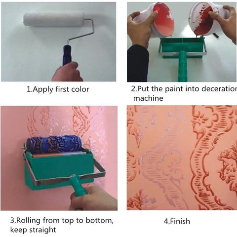 7 Inch 3D Rose Pattern Paint Roller Reusable Texture Tool Without Handle For Walls Total Game Changer Plus No Hassle Application showing painting steps.