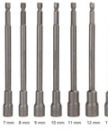 Eight piece One Quarter Inch Magnetic Impact Nut Driver Bit Set in sizes 6mm to 13mm with extended reach Cr V steel drive bits.