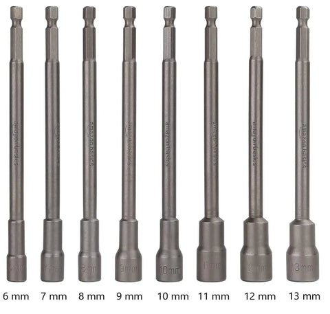 Eight piece One Quarter Inch Magnetic Impact Nut Driver Bit Set in sizes 6mm to 13mm with extended reach Cr V steel drive bits.