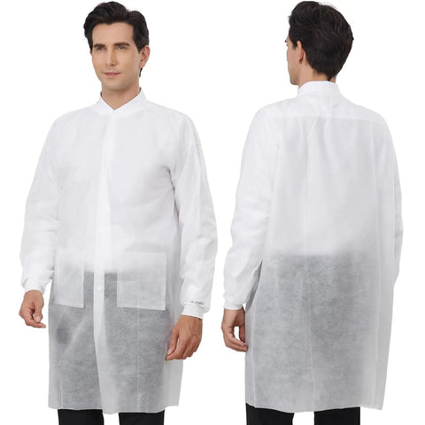 Disposable Lab Coats For Adults With Pockets White Lab Jackets With Knitted Cuffs And Collar Pack Of 10 Large Made From Low Linting Anti Static Splash Proof Polypropylene Non Woven Fabric Latex Free Lightweight Yet Durable For The Daily Grind