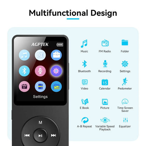 Bluetooth 5.3 MP3 Player With Built In Speaker 1.8 Inch Screen FM Radio Voice Recorder showing multifunctional design icons
