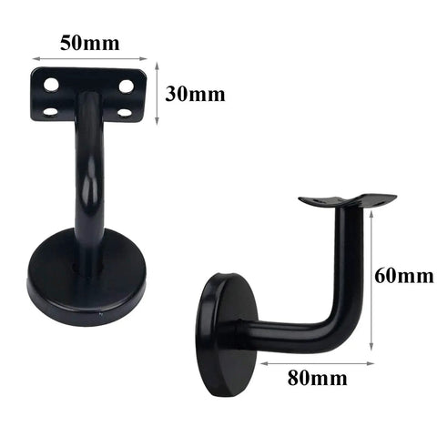 5 Pack Black Stainless Steel Handrail Brackets For Heavy Duty Staircase Support With Included Screws And Hardware, 80 Mm By 60 Mm For Angled Installations, shown with measurements.