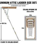 Beefy Heavy Duty Aluminum Attic Ladder 25 By 54 Inch With 375 Pound Capacity Pull Down Access For Ceilings Ranging From 7 Ft 8 In To 10 Ft 3 In Easy Install Durable Construction For Safe Home Storage size detail