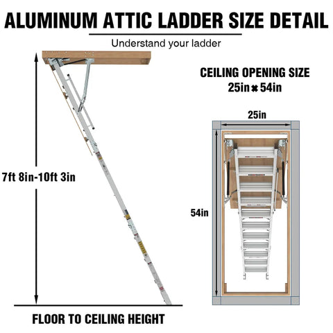 Beefy Heavy Duty Aluminum Attic Ladder 25 By 54 Inch With 375 Pound Capacity Pull Down Access For Ceilings Ranging From 7 Ft 8 In To 10 Ft 3 In Easy Install Durable Construction For Safe Home Storage size detail