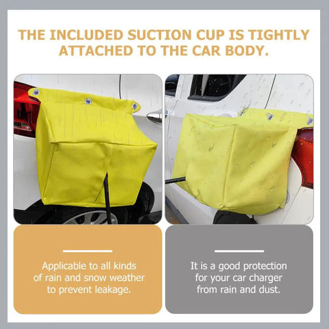 Universal EV Charger Rain Cover With Waterproof Port Shield For Electric Vehicles Outdoor Charging Accessory featuring suction cup attached to car.