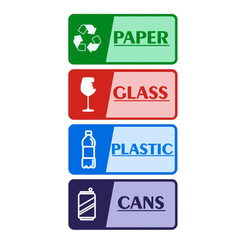 Four Pack Recycle Stickers For Trash Bins Self Adhesive Waterproof Durable And Fade Resistant Recycling Labels For Paper Glass Plastic And Cans