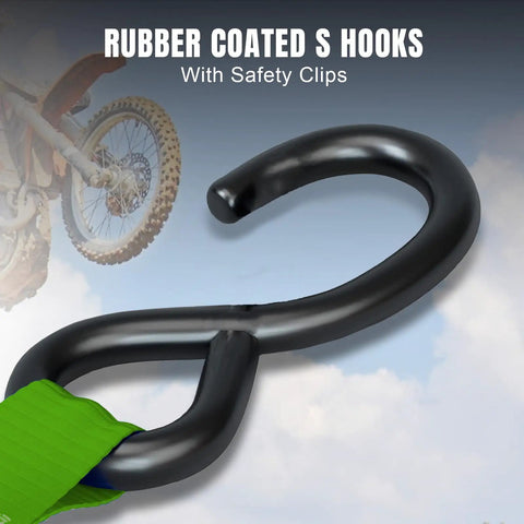 Heavy Duty Ratchet Tie Down Straps Workhorse Cinch Lockdown 1500 Lbs Break Strength S hook detail with rubber coating and safety clip