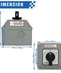 Dimensions of High Current 25A Rotary Changeover Switch For Solar Power Rig Setup with Exterior Box and 3 Position 2 Pole 8 Terminal