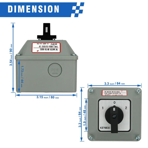 Dimensions of High Current 25A Rotary Changeover Switch For Solar Power Rig Setup with Exterior Box and 3 Position 2 Pole 8 Terminal