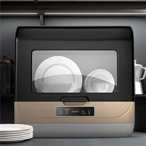 Smart Portable Countertop Dishwasher With Automatic Disinfect Cycle for Killer Kitchen Results, black and white compact unit with plates inside.