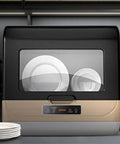 Gold Portable Countertop Dishwasher Features Smart Auto Wash Plus Bacteria Killing Disinfection And Sterilization Power showing clean plates.