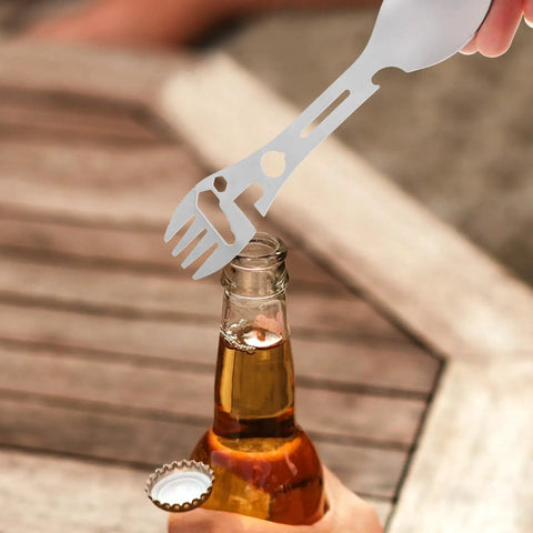 Using Two Piece Outdoor Spork And Fork Set Made Of Stainless Steel Reusable Flatware With Built In Bottle Opener on beer bottle