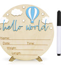 5.9 Inch Wooden Hello World Birth Announcement Sign With Pen And Stand, Blue Balloon And White Cloud Nursery Decor