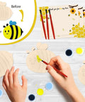 Hands painting wooden bee shapes with paints and brushes from Bee Birthday Party Decor Kit With 24 Wooden Bee Craft Kits To Paint For Party Favors And Bee Themed Gifts Includes Paints Brushes And Thank You Cards Totally Fun For Honey Baby Shower Decorations And Creative Diy Party Activities.