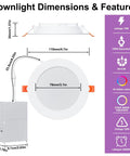 Diagram showing dimensions and features of Smart RGBCW Recessed Lighting Kit 4 Inch 12W LED Downlights with Junction Box.