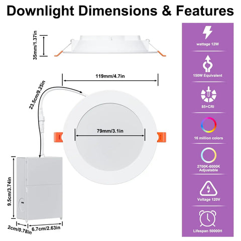 Diagram showing dimensions and features of Smart RGBCW Recessed Lighting Kit 4 Inch 12W LED Downlights with Junction Box.