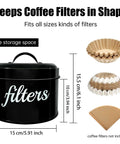 Black coffee filter holder with lid labeled 'filters' showing size dimensions and filter types for storage.