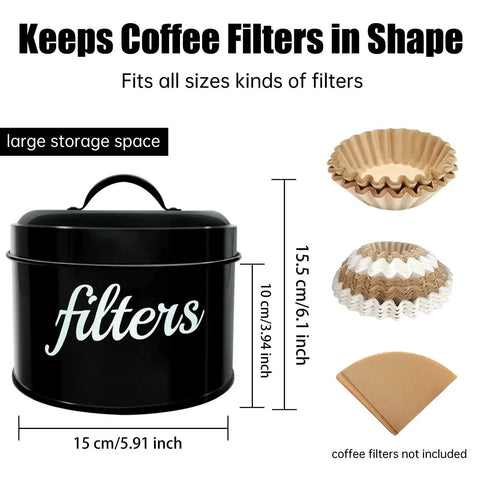 Black coffee filter holder with lid labeled 'filters' showing size dimensions and filter types for storage.