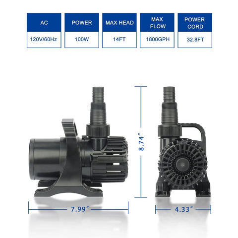 Smart Submersible Pond Pump 1800 GPH 100W Quiet Waterfall Fountain For Small Ponds Garden Yard Patio IPX8 side view