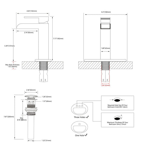Matte Black Waterfall Single Handle Bathroom Faucet With Pop Up Drain Single Hole Vanity Tap technical diagram with dimensions